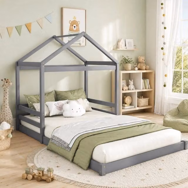 Letto a casetta REDOM per bambini in legno di pino e MDF grigio L/P/H: 206 x 140 x 149 cm