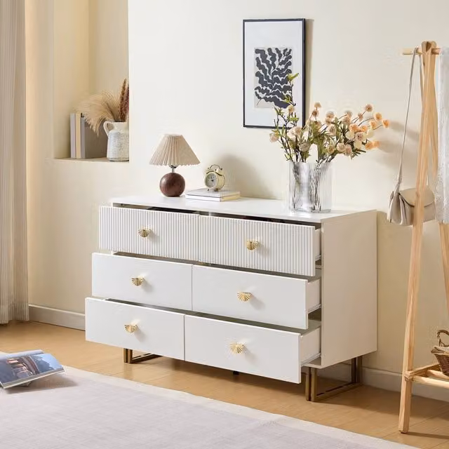 Madia con 6 cassetti in MDF bianco con maniglie in lega di zinco e gambe in acciaio per soggiorno 120 × 40 × 75 cm