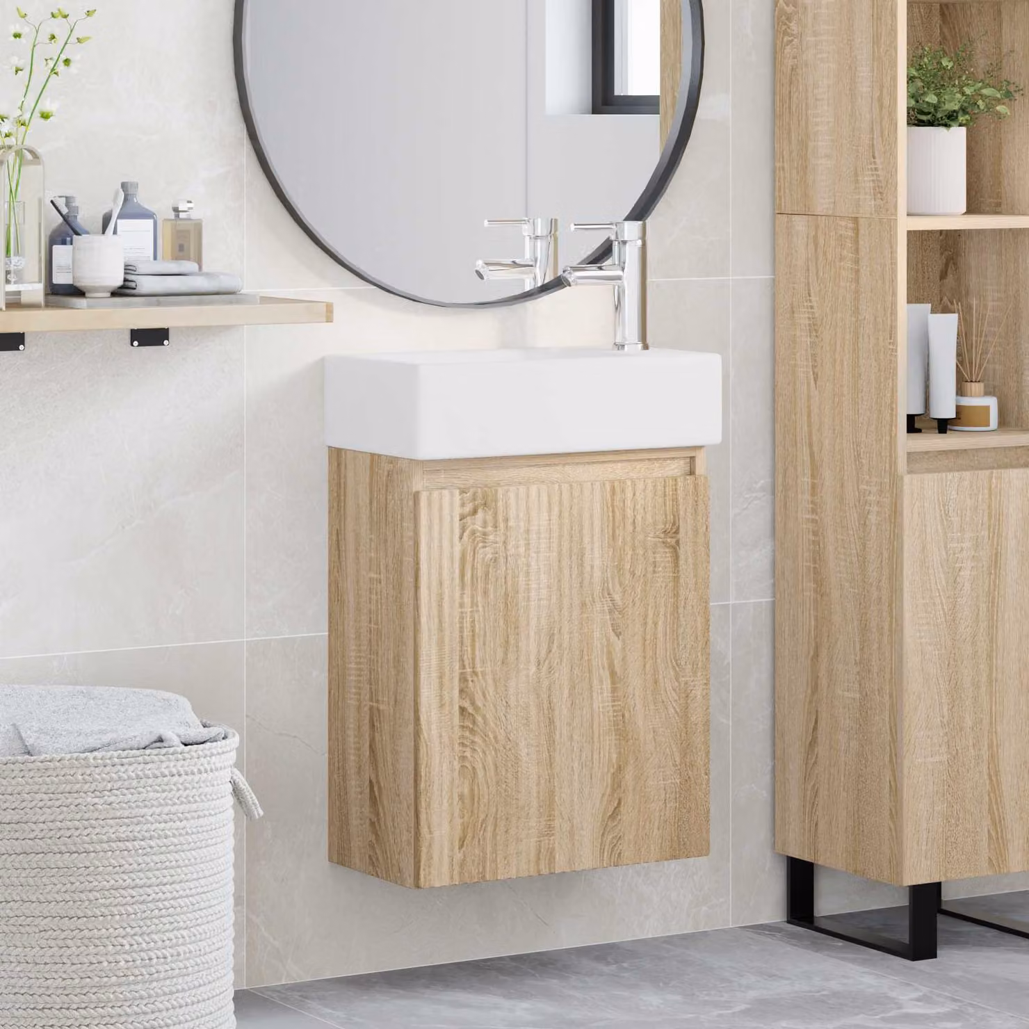 Mobile bagno vidaXL in Rovere Sonoma con rubinetto, L: 45,5 cm, P: 22,5 cm, H: 84 cm