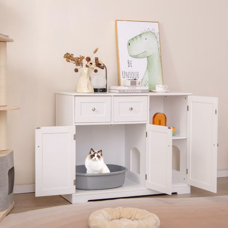 Mobile per lettiera per gatti Costway con 2 cassetti e 3 porte, design moderno in MDF bianco