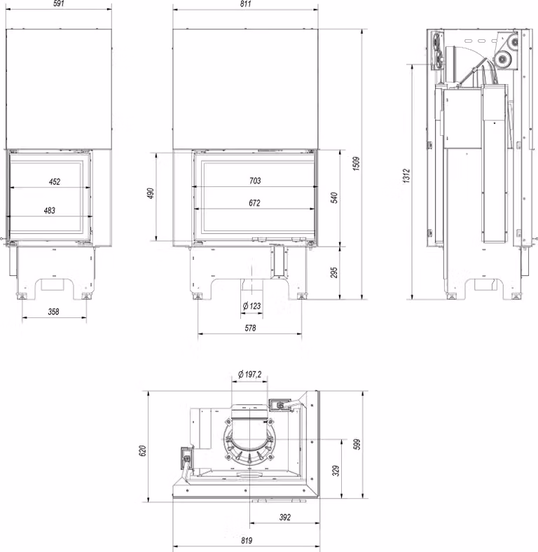 Inserto per caminetto KRATKI VNP 700/480 12 kW Ø 200 con porta scorrevole pannellata nera