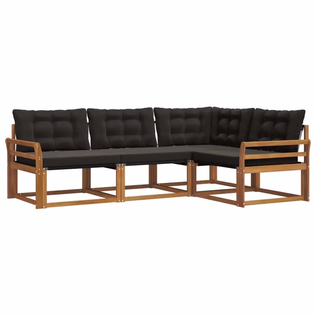Set di divani da esterno a L vidaXL in legno di acacia con tessuto textilene, colore marrone e nero, composto da 4 pezzi con cuscini inclusi – 2