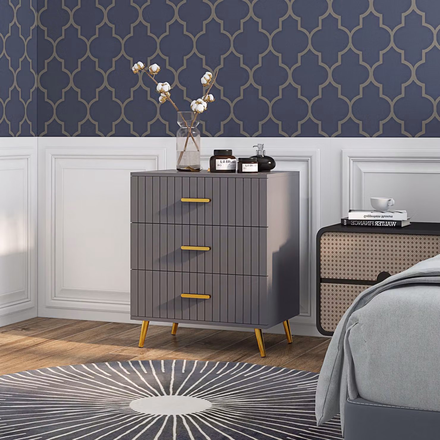 Cassettiera Moderna HOMCOM con 3 Cassetti in Legno e Alluminio, Oro e Grigio Scuro, L: 60 cm, P: 40 cm, H: 71.5 cm – 2