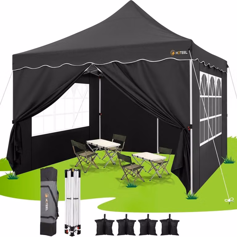 Gazebo da esterno 3x3 metri, impermeabile, con 4 pannelli laterali, protezione UV 50+, struttura in acciaio nero
