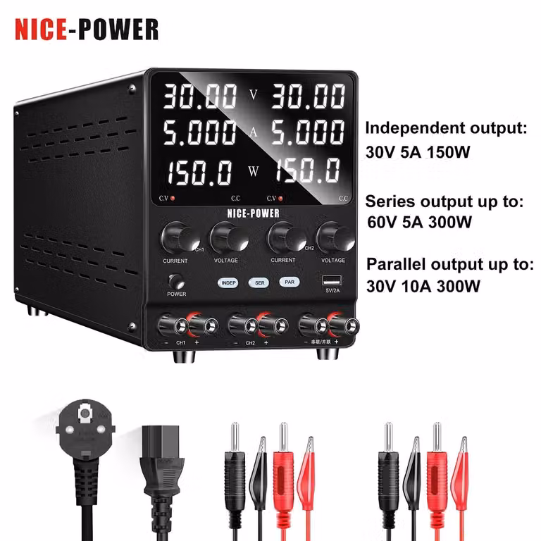 Alimentatore DC Labornetzwerk - SPS3010-2KD - Alimentatore regolabile a 30V 5A - Controllo digitale - Uscita a doppio canale - Ricarica rapida USB 5V 2A - Protezione intelligente - Alimentatore a doppio canale 30V 5A