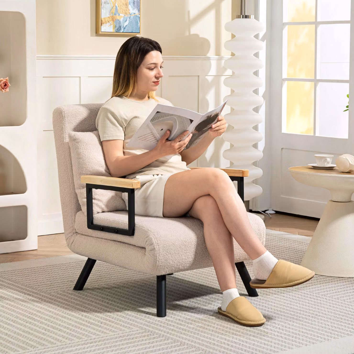 Divano Letto Singolo Pieghevole HOMCOM 4 in 1 con Schienale Regolabile a 5 Livelli e Cuscino, Colore Beige, L: 73 cm, P: 63 cm, H: 81 cm – 2