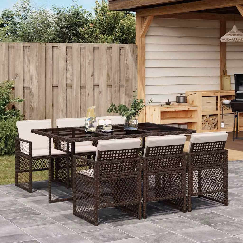 vidaXL Set da Pranzo da Giardino 7pz in Polyrattan Marrone con Piano in Vetro e Cuscini Bianchi – 1