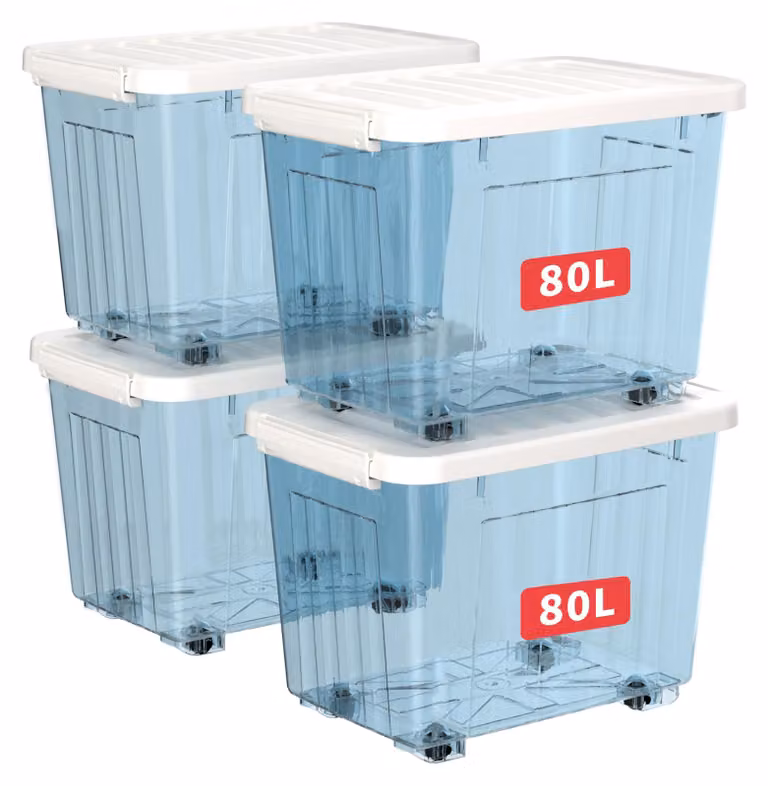 Contenitori Cetomo da 80 litri, confezione da 4, contenitori in plastica rinforzati con scanalature, dotati di ruote
