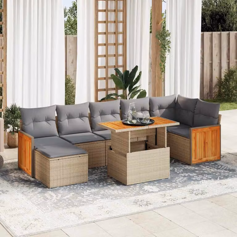 Set Divano da Giardino vidaXL 8 pz in Polyrattan e Legno di Acacia con Cuscini Beige e Grigio
