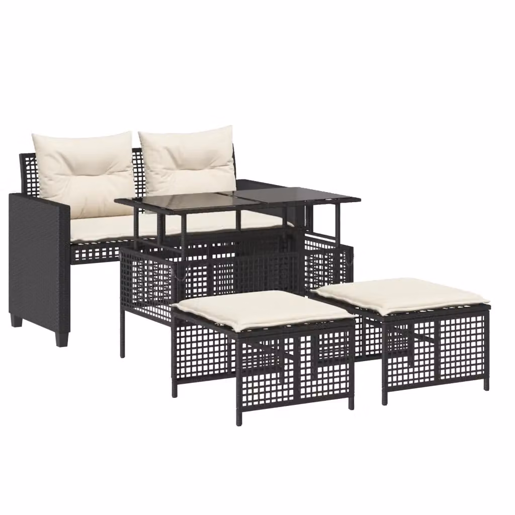 Set Salotto da Giardino Moderno DESIGN IN composto da 4 Pezzi con Divano a 2 Posti, Tavolino con Piano in Vetro e Ottoman, Colore Nero e Bianco con Cuscini Inclusi e Rivestimenti Rimovibili – 2