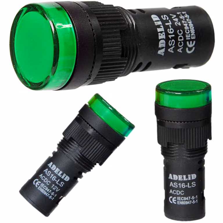 Segnalatore LED, spia di controllo, indicatore luminoso, 24V, diametro 16mm, colore verde