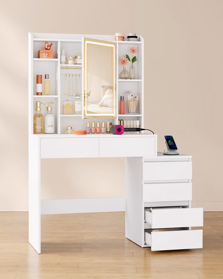 VASAGLE Tavolo da toeletta, specchiera con stazione di ricarica, specchio, luce LED, cassetti, 40 x 105 x 145 cm, bianco