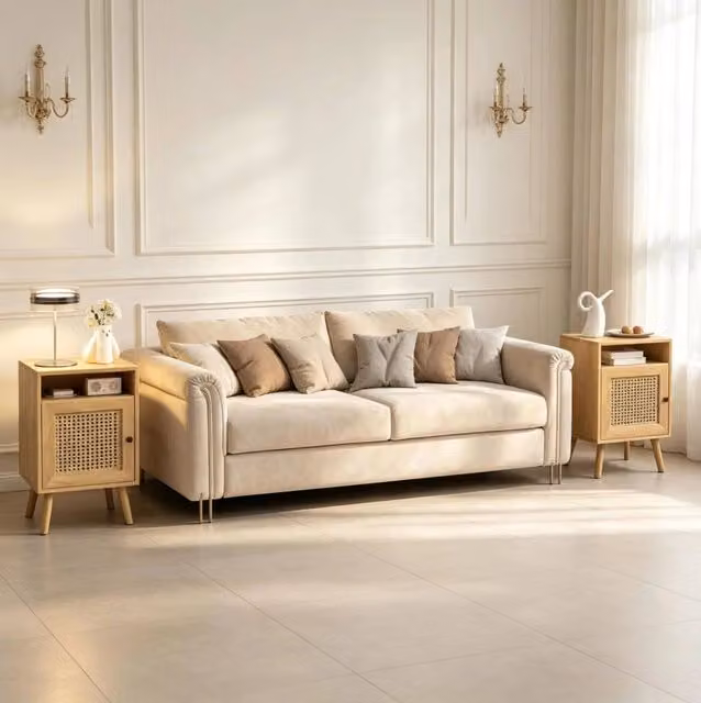 Set di 2 Comodini Compatti con Porta in Rattan e Struttura in MDF 39x35x60 cm