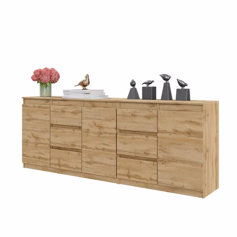MIKEL - Cassettiera con 6 cassetti e 3 ante - Cassettiera per camera da letto Credenza - Quercia Wotan H75cm L200cm P35cm