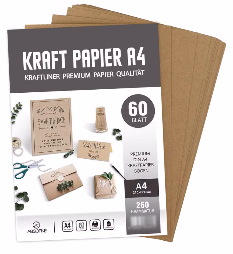 Carta kraft DIN A4, 60 fogli, 260 g/m², riciclata, color marrone