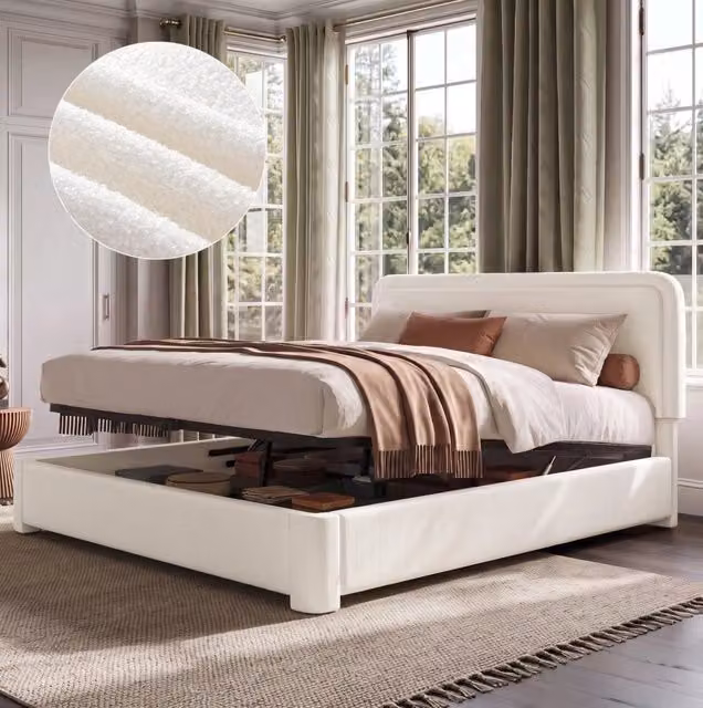 Letto 160x200 cm con contenitore idraulico e testiera regolabile, rivestito in boucl¨¦ bianco