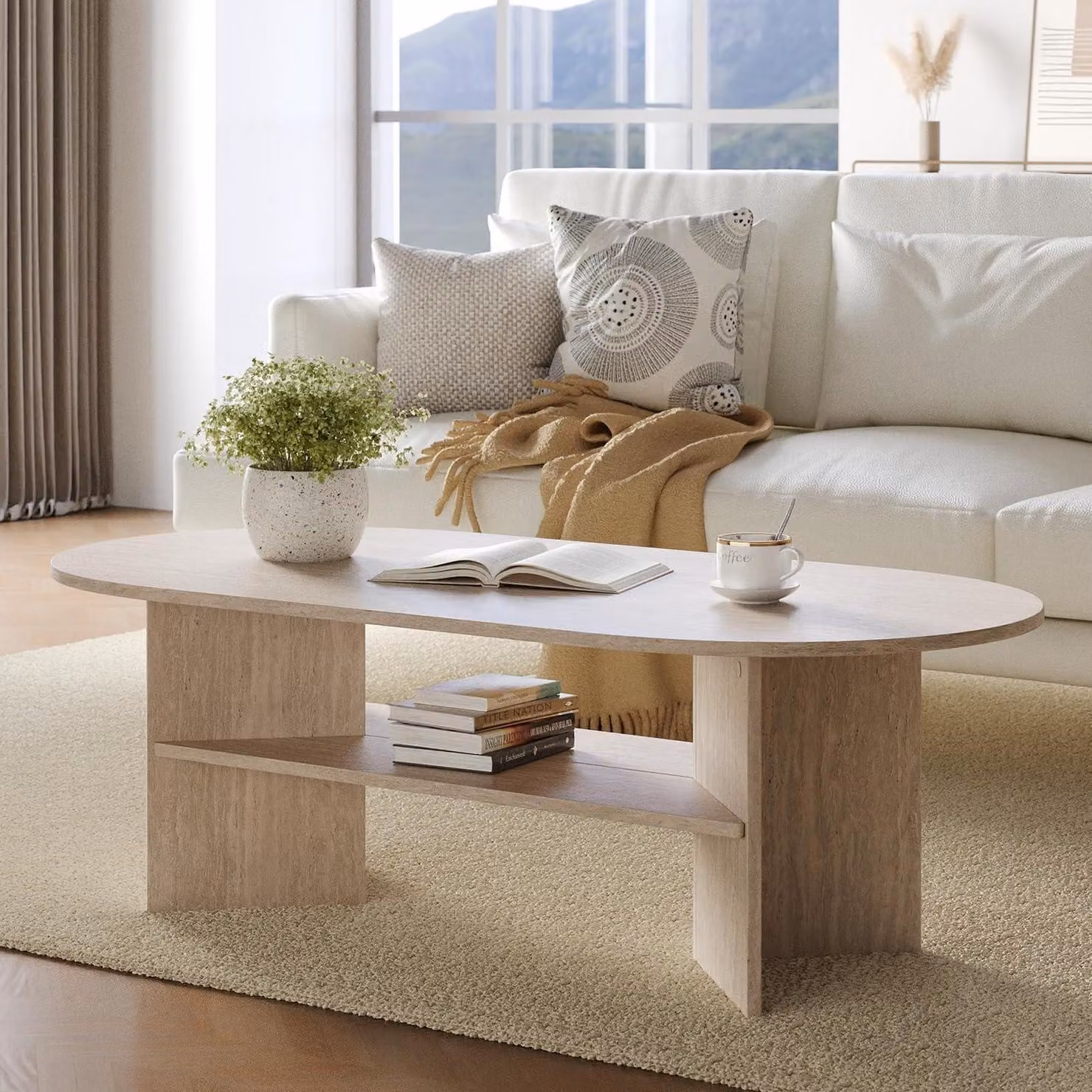 Tavolino da caffè, tavolino ausiliario, forma ovale, legno e travertino, dimensioni 120 x 60 x 40 cm, a due piani