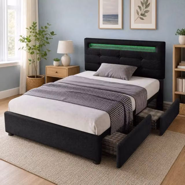 Letto singolo imbottito 90 × 200 cm con LED e 2 cassetti in lino nero testiera regolabile rete a doghe