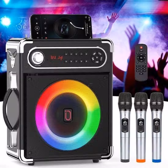 Impianto Karaoke Portatile Bluetooth con Microfoni Wireless, Altoparlante con Illuminazione LED, Ingresso USB, TF, AUX e Radio FM, Nero