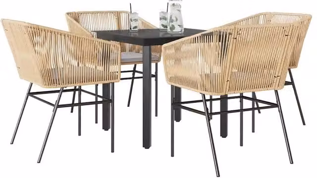 Set da pranzo da giardino vidaXL in polyrattan con tavolo in vetro e 5 cuscini, disponibile in nero, marrone o grigio