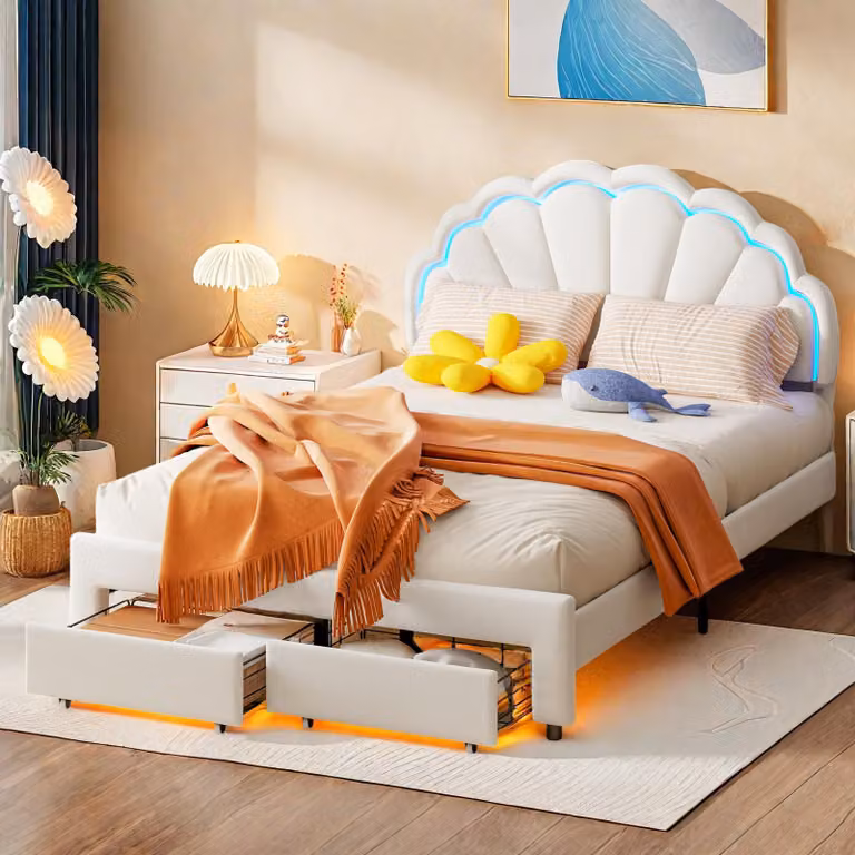 Letto imbottito per bambini 90 x 200 con illuminazione a LED e 2 cassetti, testata a forma di fiore e conchiglia, base a doghe