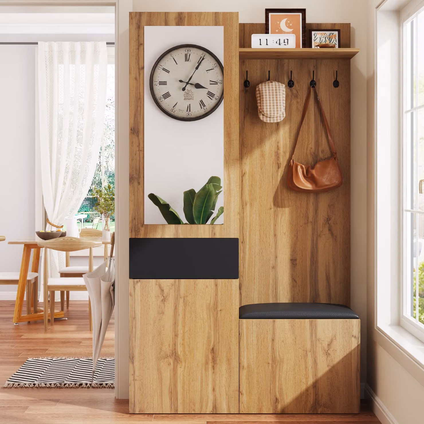 Set guardaroba a incasso GL Store moderno con specchio, scarpiera, panca e 5 appendiabiti, L/P/H: 98,5 x 38 x 191 cm, Colore naturale – 2