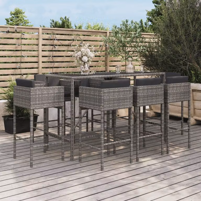 Set Bar da Giardino vidaXL 9 pz in Polyrattan Grigio e Nero con Piano in Vetro