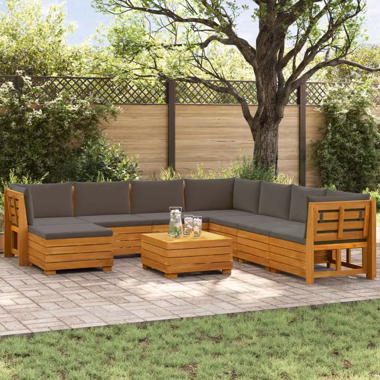 Set di divani da esterno vidaXL in legno di acacia massello marrone con cuscini inclusi, tavolino e pouf, design moderno a forma di L per giardino e terrazzo
