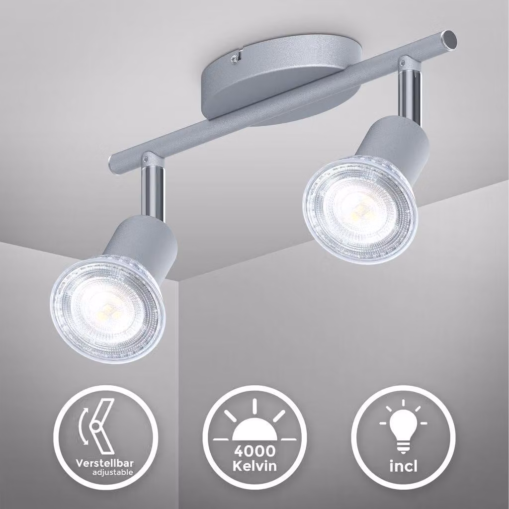 B.K.Licht I Spot a soffitto a 2 fiamme LED I 2x 5W illuminante GU10 I 2x 400lm I girevole I IP20 I 4000K bianco neutro I color titanio