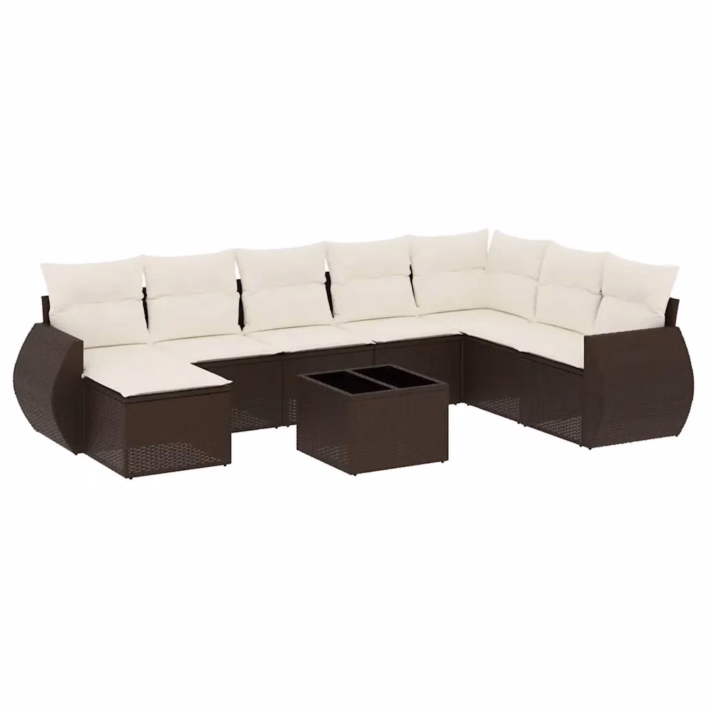 vidaXL Set Divani da Giardino a L 9pz in Polyrattan Marrone con Cuscini Bianchi e Tavolino – 2