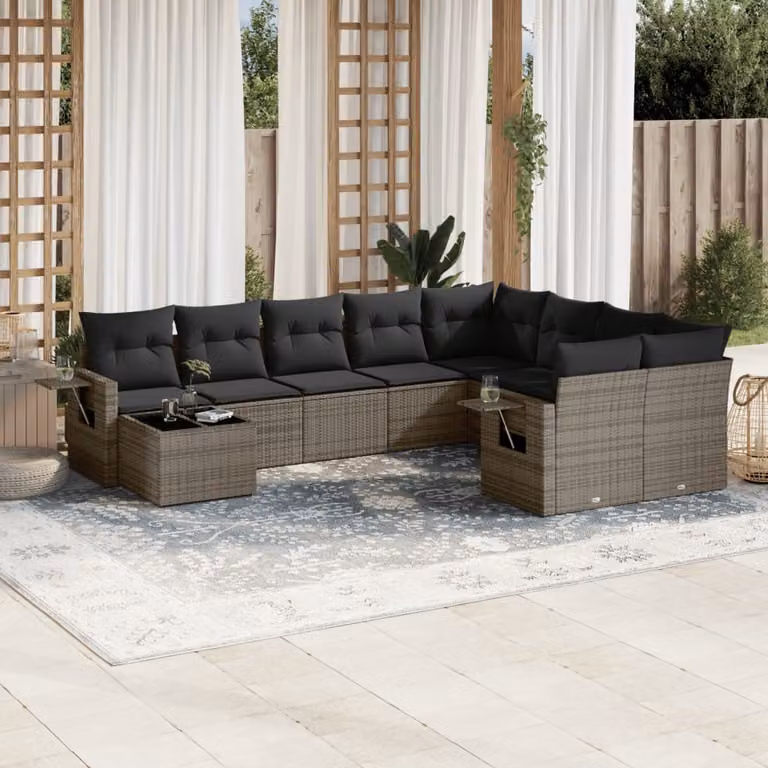 Set Divano da Giardino vidaXL 10 pz in Polyrattan Grigio con Cuscini e Tavolino
