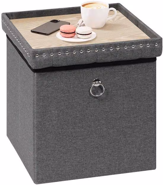 Ibenzoa® Panca contenitore multifunzionale e tavolino, grigio, 40x40x40 cm, capacità di stoccaggio di 54 litri, rivestita in Pelle finta, imbottitura in schiuma da 20 mm, realizzata in MDF di classe E1, resistente fino a 150 kg