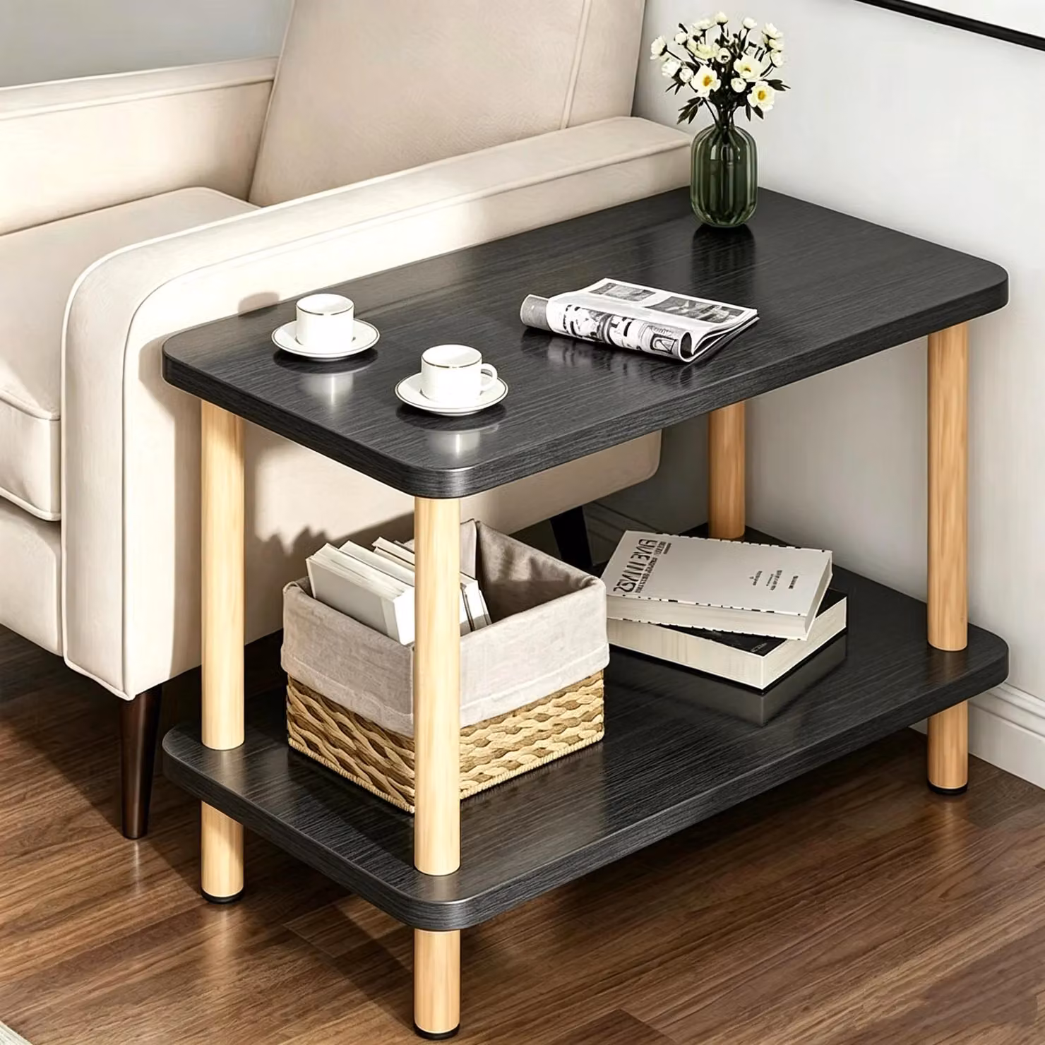 Tavolino laterale a due livelli - Tavolino da divano - Ideale per piccoli spazi - Adatto per soggiorno e camera da letto - Struttura in legno - 60 x 30 x 53 cm - Nero