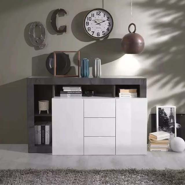 Credenza Atlantica DMORA, Buffet e Madia da Soggiorno o Cucina, Bianco Lucido e Ardesia, L: 146 cm, P: 42 cm, H: 93 cm – 1