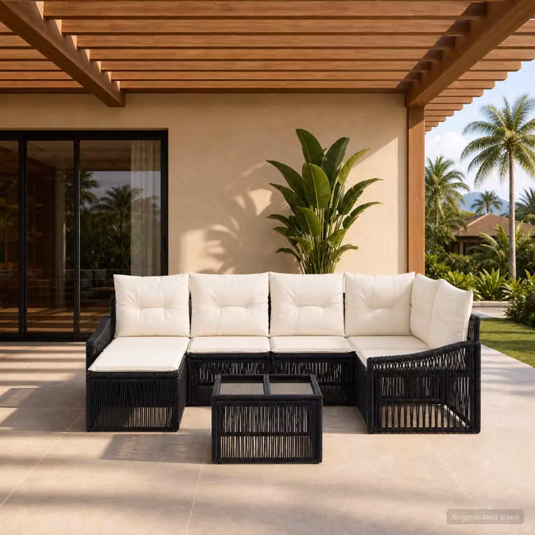 Set Divano da Giardino vidaXL a 7 posti a forma di U in Polyrattan Nero con Cuscini e Tavolino