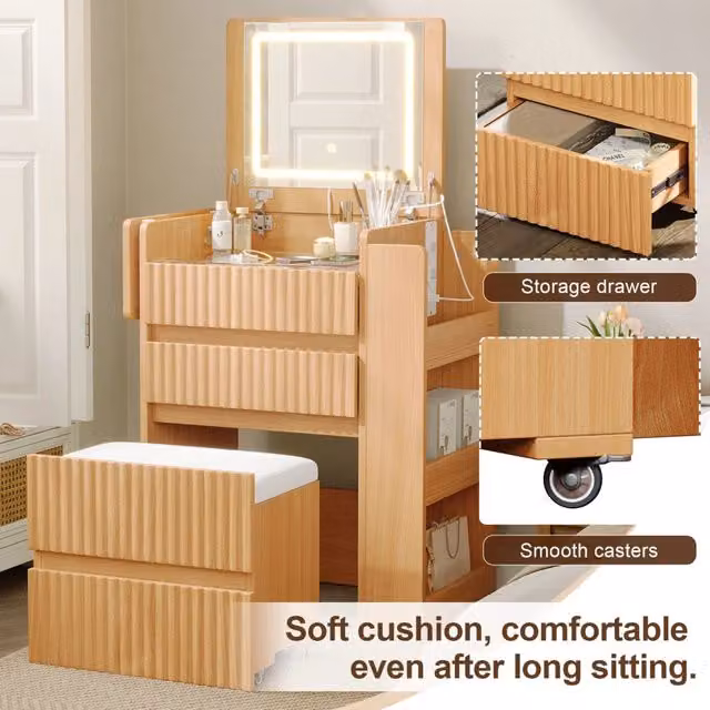 Trucchi con specchio LED ¨C Minimal ¨C 3 cassetti, ruote, bianco, truciolare, 79x40x120 cm