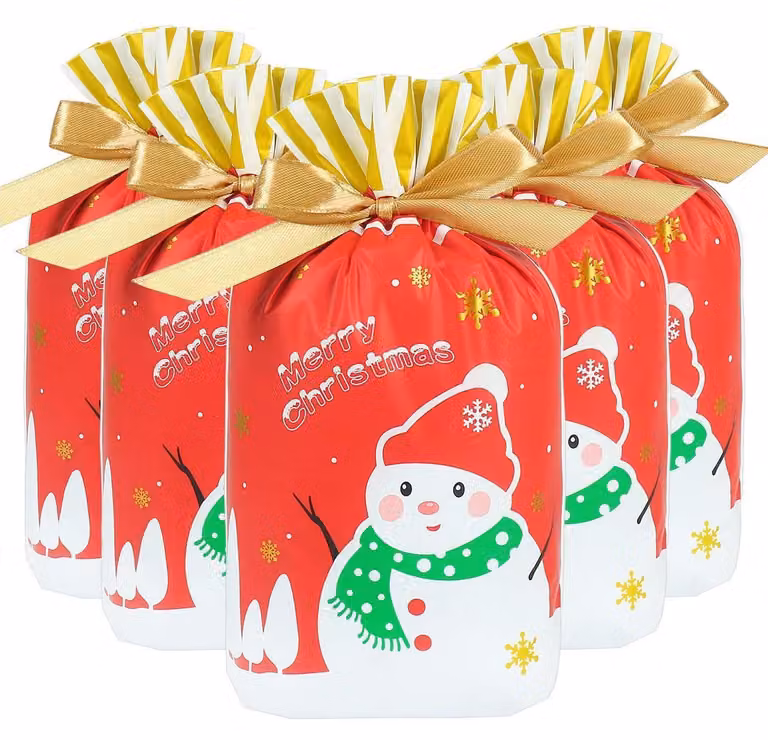 Sacchetti natalizi per dolcetti, 50 pezzi, colore rosso, con cordoncino, dimensioni 14,7 x 22,5 x 6 cm