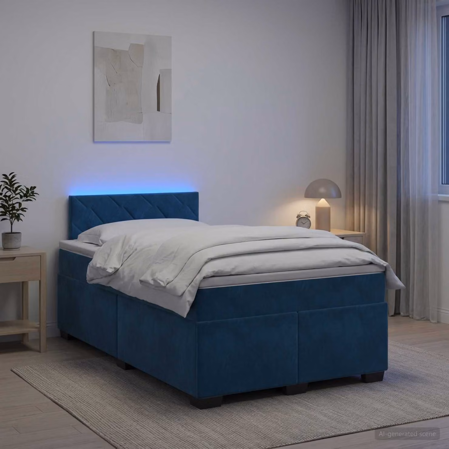 Letto con Box Spring vidaXL in Velluto Blu e Bianco con Illuminazione LED e Porta USB, L/P: 120 x 200 cm