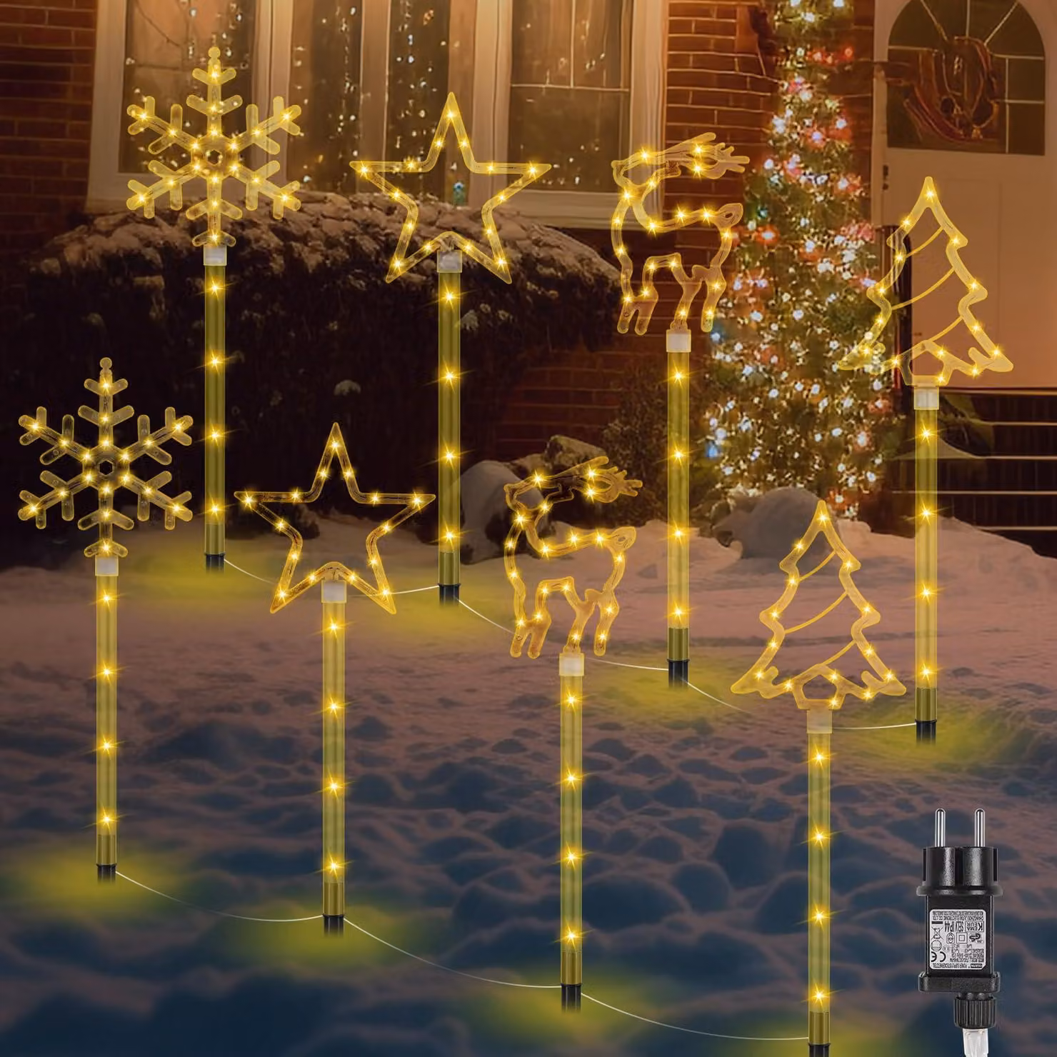 Set di 8 luci natalizie a LED, 4 modelli, 144 LED, grado di protezione IP44, con timer