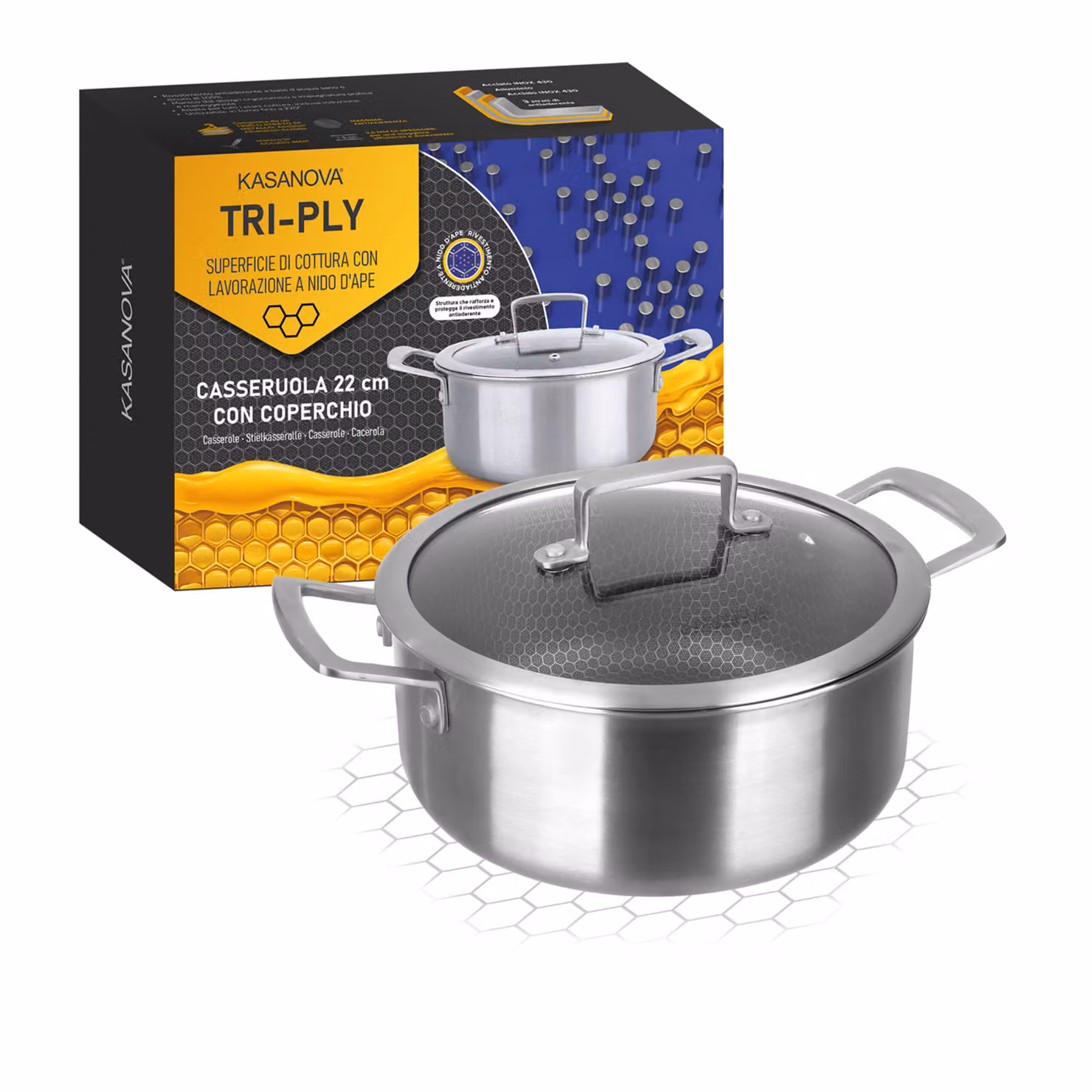 Casseruola Kasanova in acciaio inox e alluminio con coperchio in vetro, diametro: 22 cm, colore argento – 2