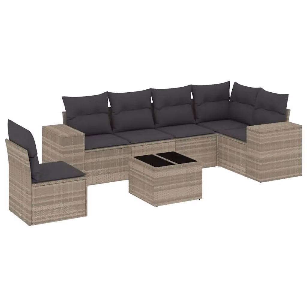 Set da giardino moderno vidaXL composto da 7 pezzi con poltrona lounge, elementi angolari e tavolino da caffè in rattan grigio con cuscini inclusi – 2