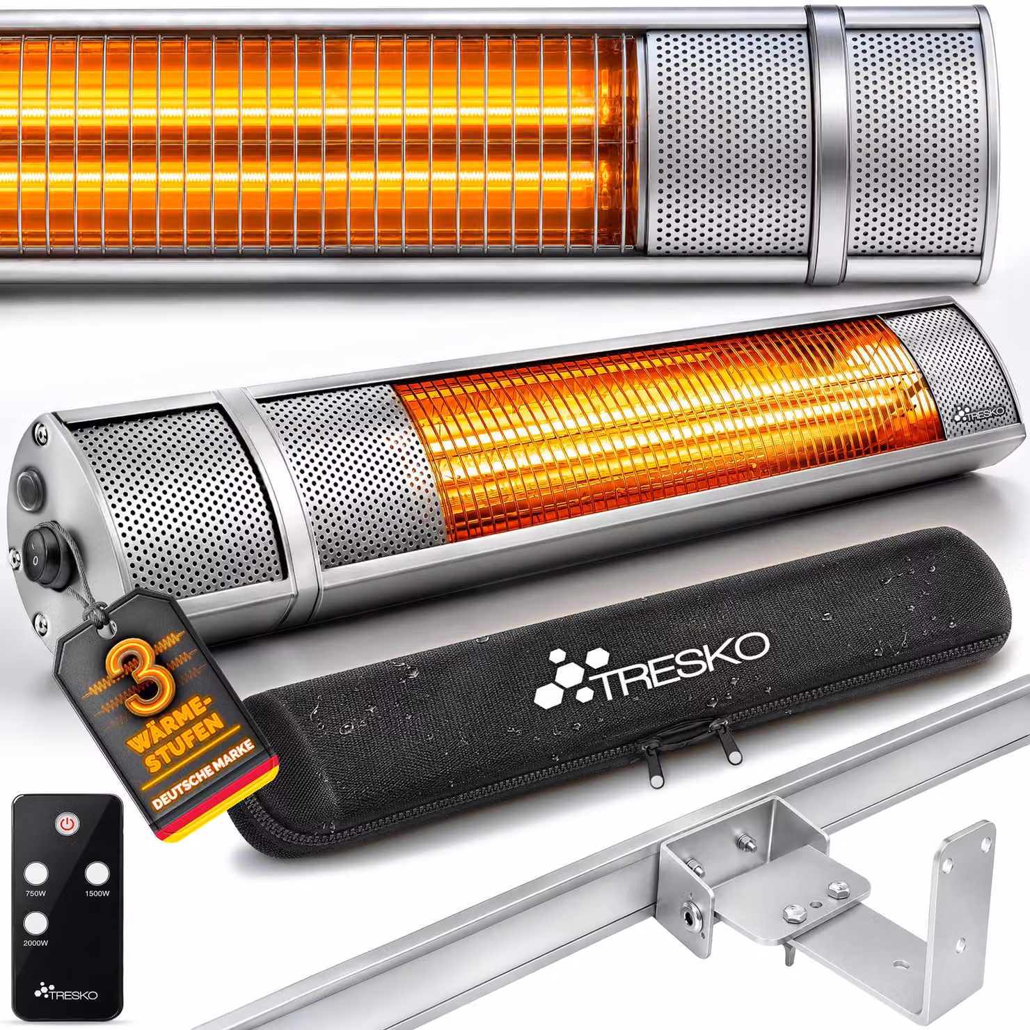 TRESKO riscaldatore radiante a infrarossi 2000W argento con telecomando e copertura | riscaldatore da patio elettrico con 3 impostazioni di calore | riscaldatore da patio per interni e per esterni | riscaldatore radiante a parete riscaldatore a infrarossi