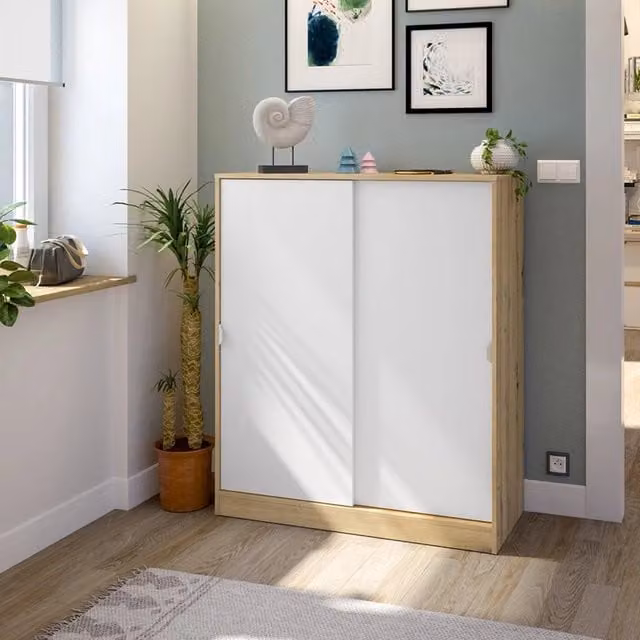 Armadio DMORA per camera da letto moderno con ante scorrevoli e ripiani interni, colore marrone rovere e bianco, L: 40 cm, H: 119 cm, P: 30 cm – 1