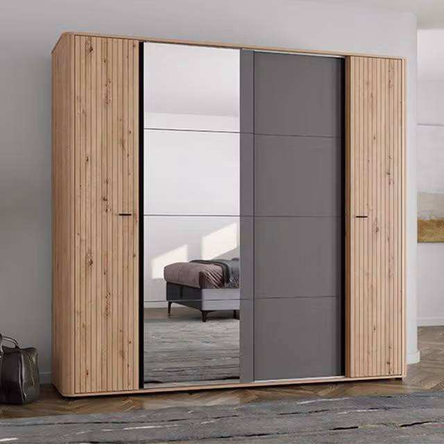 Armadio da camera da letto DMORA Hakone con ante scorrevoli, L: 232 cm, H: 219 cm, colore Marrone Rovere