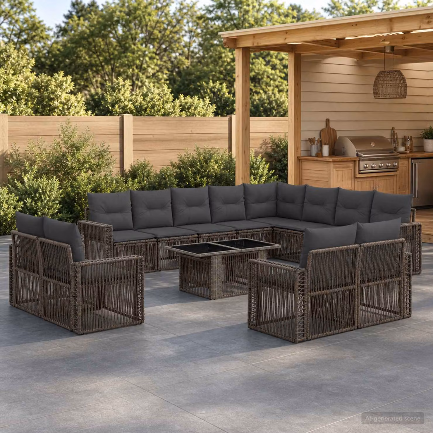 Set Divano da Giardino vidaXL in Polyrattan 13 Pezzi con Tavolino e Cuscini, Colore Grigio e Antracite, Forma a U