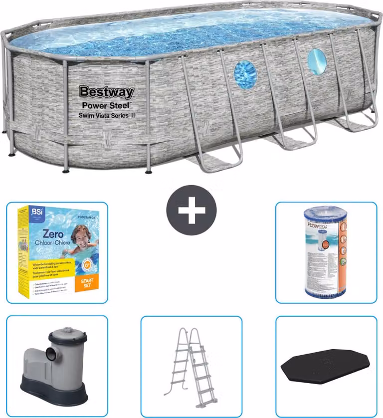 Piscina Bestway Oval Power Steel Swim Vista - stampa su pietra - 549 x 274 x 122 - inclusa pompa - scala - copertura pacchetto manutenzione - filtro