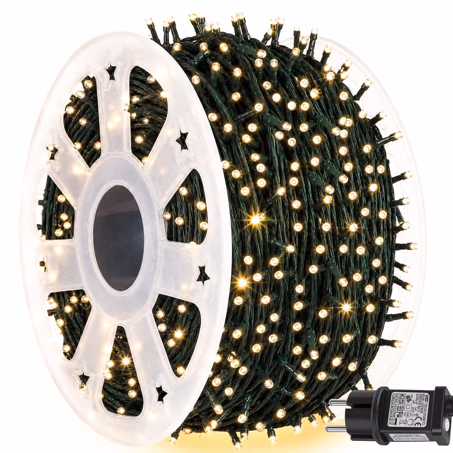 Catena luminosa con 2000 LED, lunghezza 50 metri, luce bianco caldo, grado di protezione IP44, 8 modalità, timer