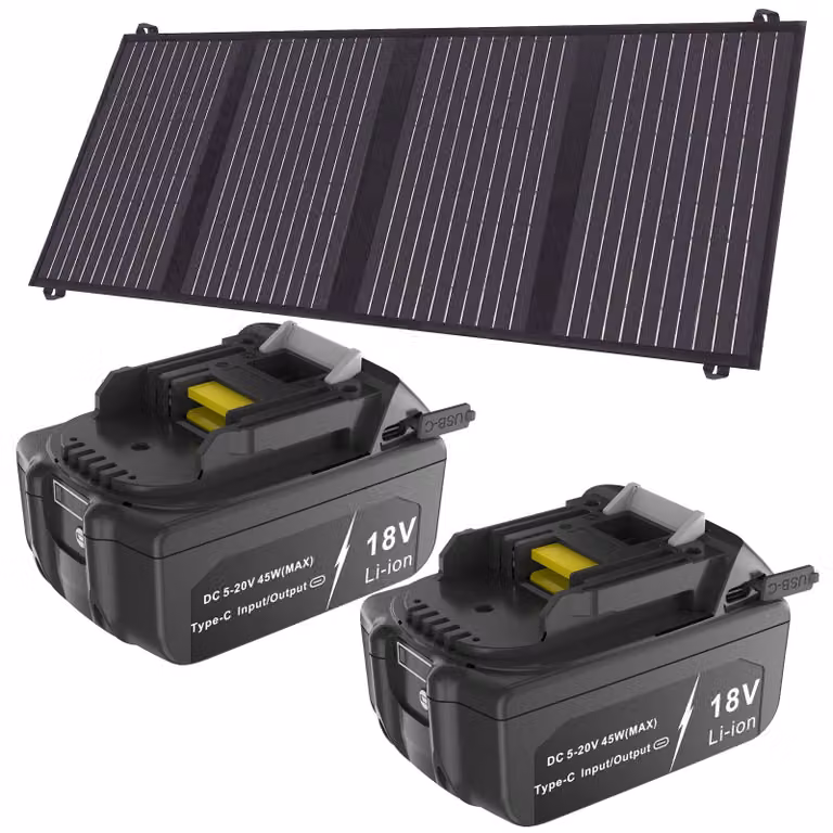 2 batterie con connettore USB-C PD, funzione di ricarica, compatibili con Makita 18V 6Ah (modelli BL1840, BL1850, BL1860, BL1815, BL1820, BL1830, BL1835, BL1845) e LXT400, con pannelli solari da 40W