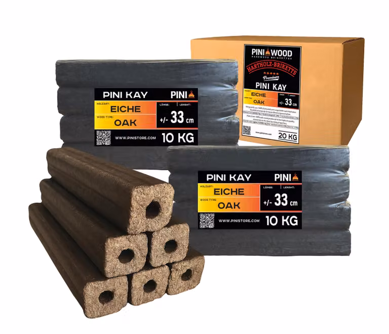 PINI Kay bricchetti di legno di quercia lunghi 33 cm quadrati con foro di estrazione 20 kg bricchetti di legno duro legna da ardere bricchetti di legno di quercia stufa camino barbecue