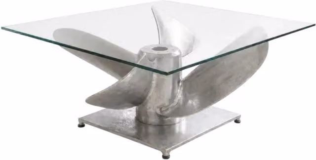 Tavolino ALUMIA 85 cm in vetro temperato e alluminio - design industriale con piede a elica
